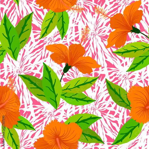 Tropical pattern with orange hibiscus flowers © Daria Rosen