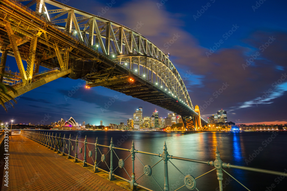 Sydney. Cityscape image of Sydney, Australia with Harbour Bridge during twilight blue hour.