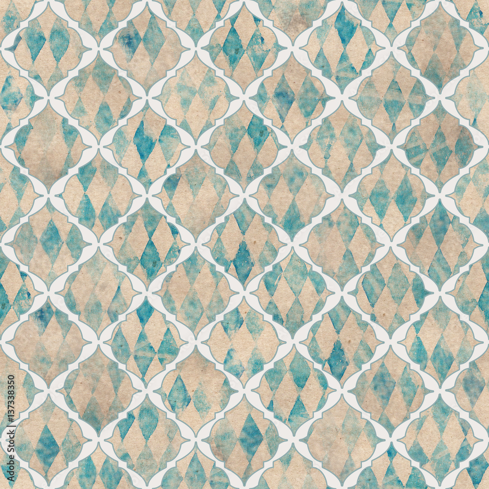 Fototapeta premium Seamless bright colorful pattern based on watercolor background and vector shapes