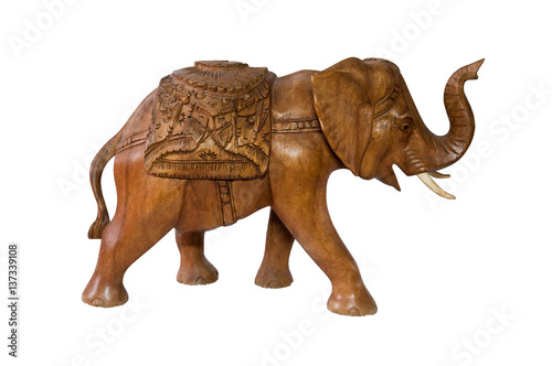 Statue of an elephant made of wood isolated on white