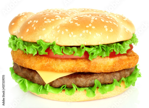 Big hamburger with chicken and beef cutlets