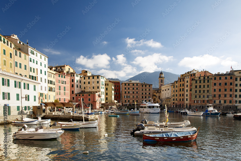 Scenic view of moored boats in Camogli