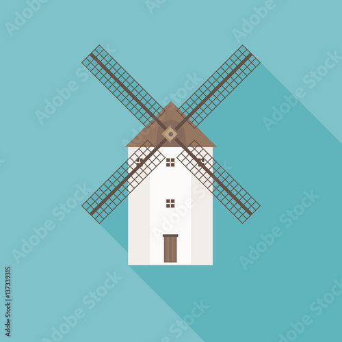 traditional Spain wind mill illustration, flat design with long shadow