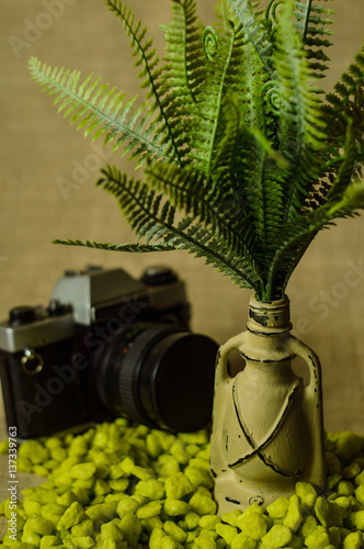 Decorative painted lamp with ferns and decorative green stone on a linen background with camera top view. photo