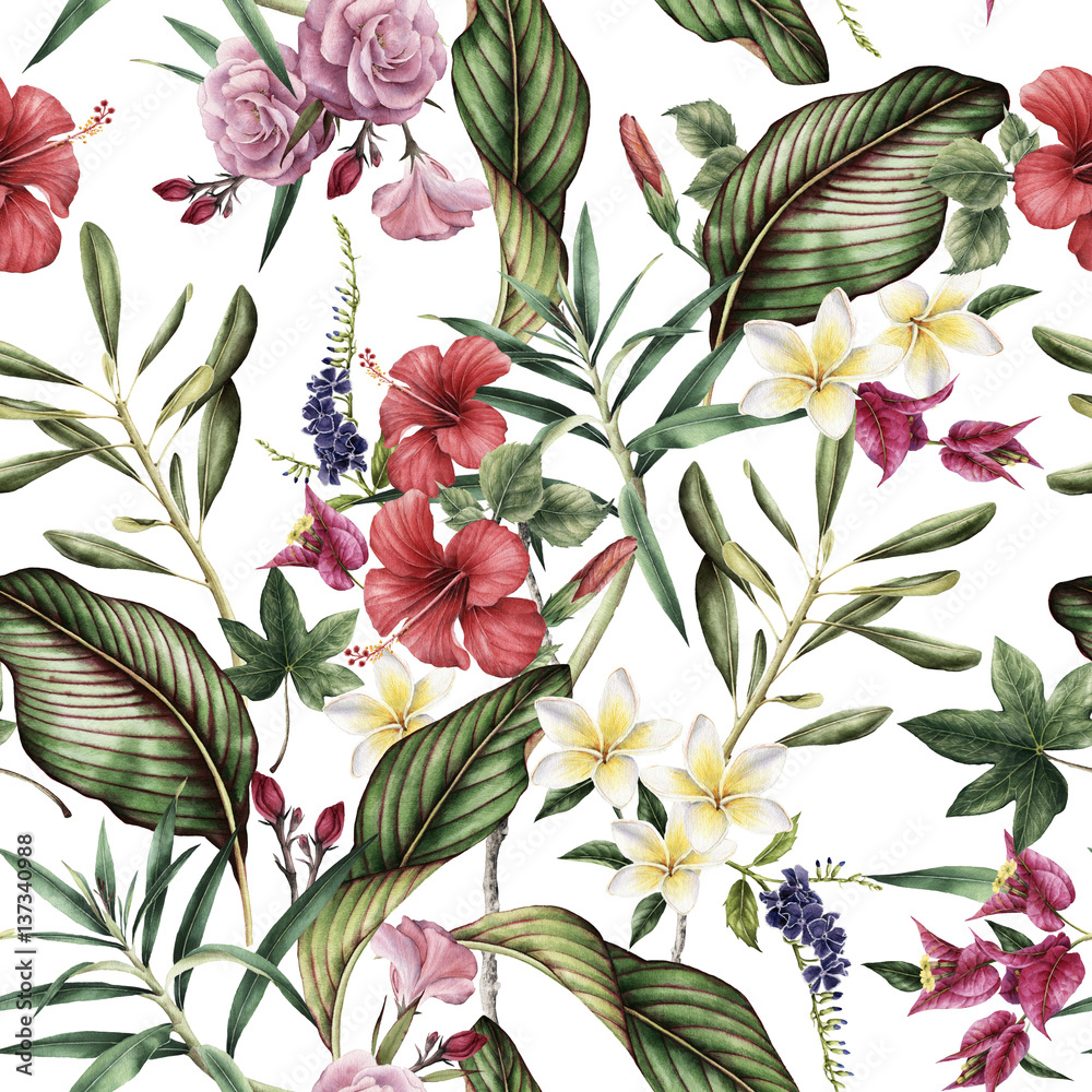 Seamless tropical flower pattern, watercolor.