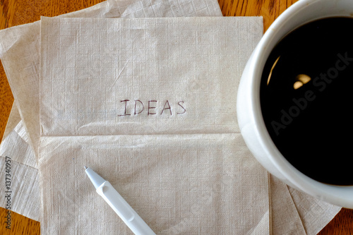 Ideas in the morning with coffee, napkin and pen
