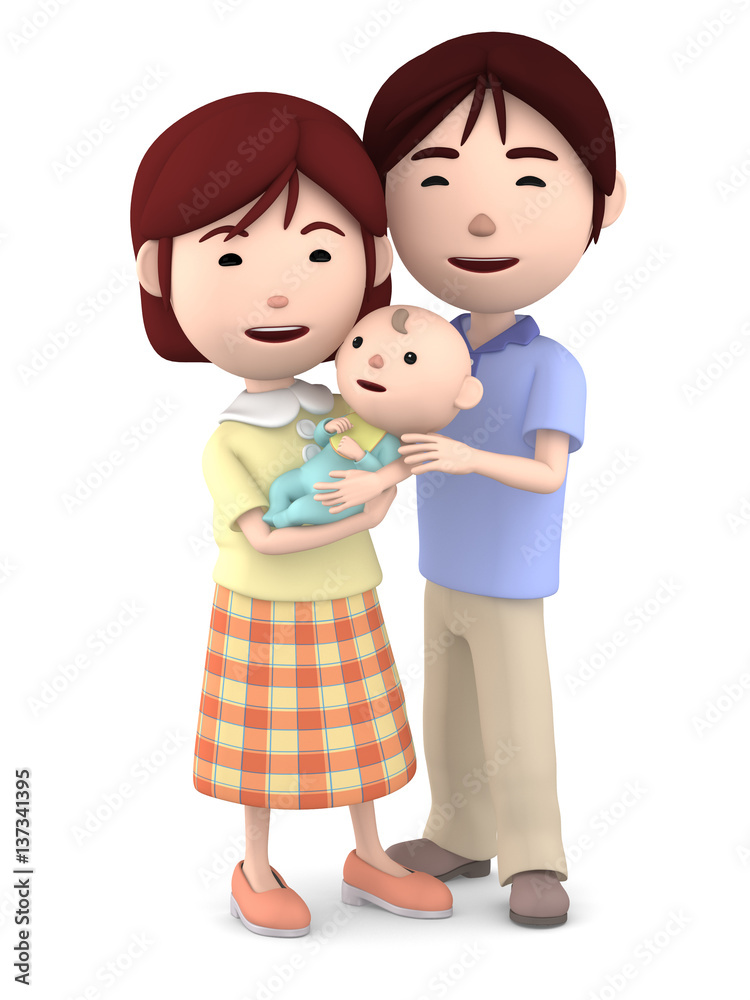 赤ちゃんを抱くママと寄り添うパパ01