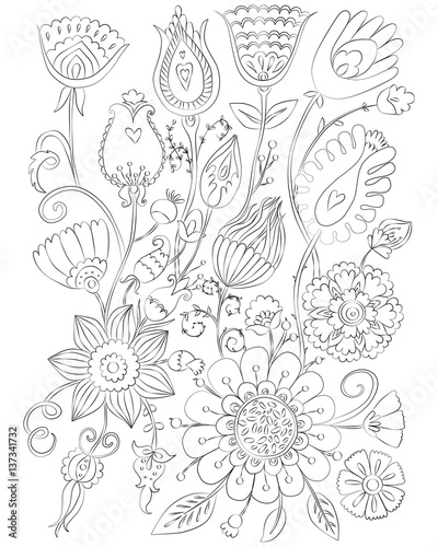 hand drawn flowers coloring page for adults