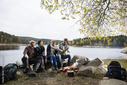 Happy Friends Camping On Lakeshore