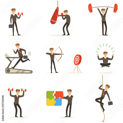 Businessman Working Out In Gym, Metaphor Of Business Preparation Training Set Of Illustrations
