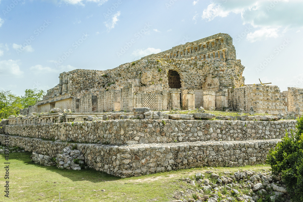 sight of the palace of the masks or Codz Poop in the archaeological Kabah enclosure in Yucatan, Mexico.