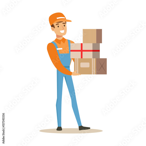 Delivery Service Worker In Dungarees Holding Pile Of Boxes, Smiling Courier Delivering Packages Illustration