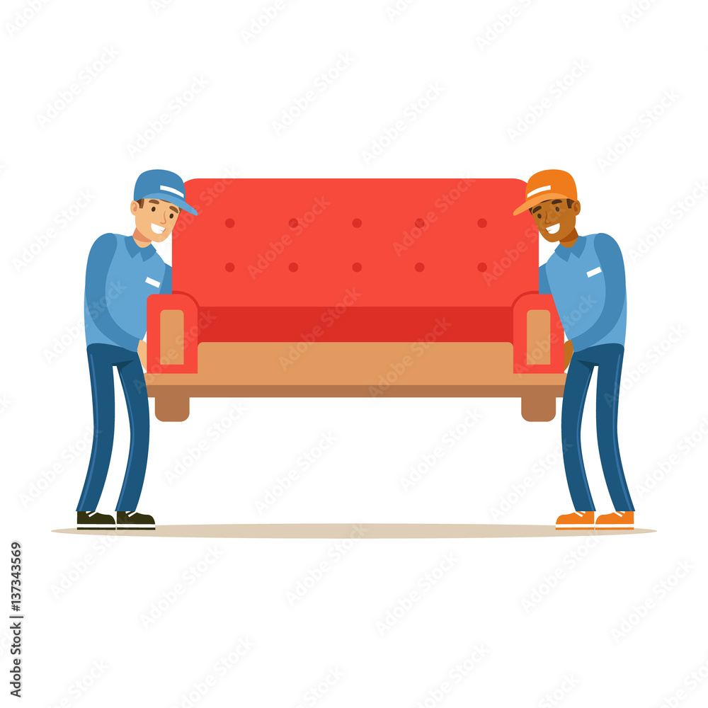 Delivery Service Worker Helping With Moving Carrying Sofa, Smiling Courier Delivering Packages Illustration Delivery Service Worker Helping With Moving Carrying Sofa, Smiling Courier Delivering Packages Illustration