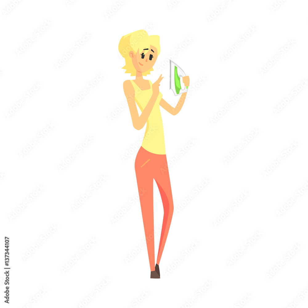 Woman Holding Iron, Department Store Shopping For Domestic Equipment And Electronic Objects For Home Woman Holding Iron, Department Store Shopping For Domestic Equipment And Electronic Objects For Home