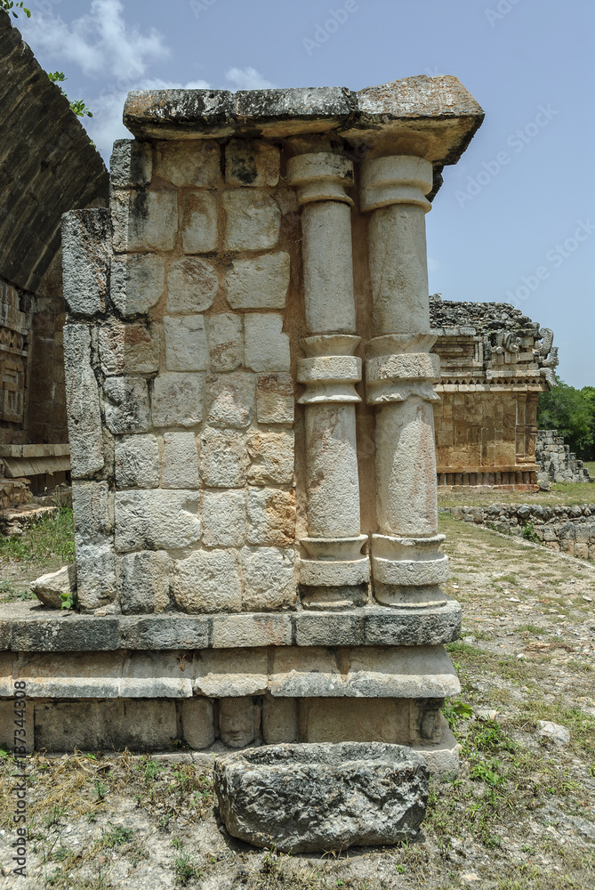 detail of the ornamental reliefs of a room of the palace in ruins of the Mayan archaeological enclosure of Labna in Yucatan, Mexico.