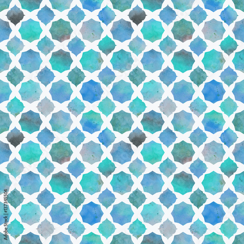 Seamless bright colorful pattern based on watercolor background and vector shapes