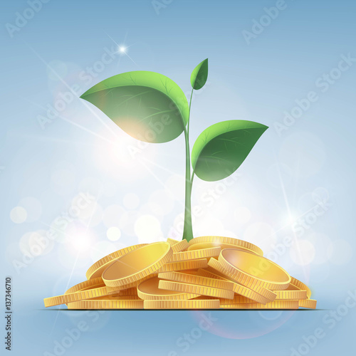 Green plant with leaves growing on a pile of gold coins.