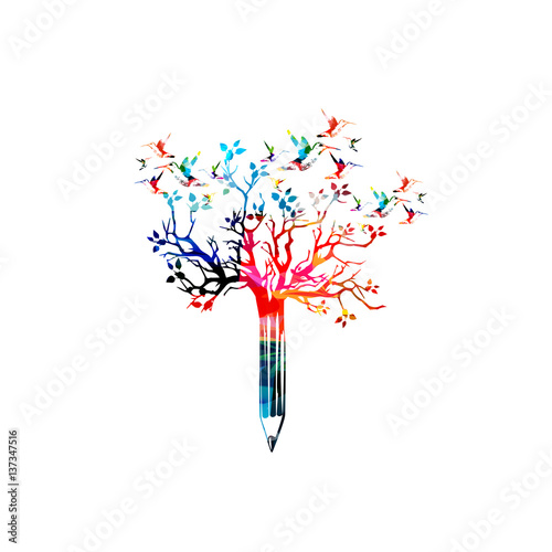 Colorful pencil with treetop and hummingbirds vector illustration. Creative writing, blogging, education, book cover, article and website content writing, copywriting design