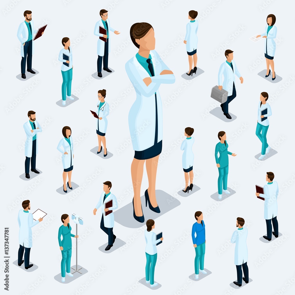 Trendy isometric people. Medical staff, hospital, doctor, nurse, surgeon. People for the front view of the visas, standing position isolated on a light background. 2