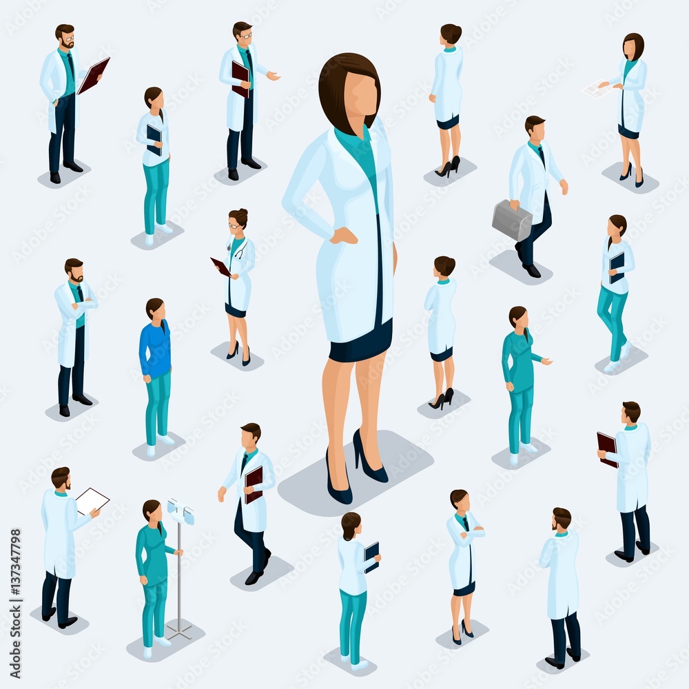 Trendy isometric people. Medical staff, hospital, doctor, nurse, surgeon. People for the front view of the visas, standing position isolated on a light background. Set 3