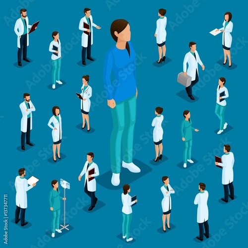 Trendy isometric people. Medical staff, hospital, doctor, surgeon. Most nurse, People for the front view of the visas, standing position isolated on a dark blue background.