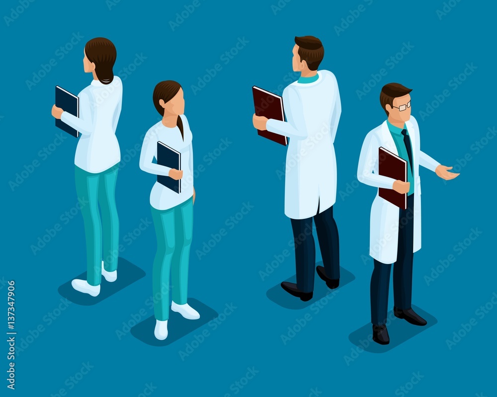 Trendy isometric people. Medical staff, hospital, doctor, nurse, surgeon. People front view rear view isolated on a dark blue background. set 2 Trendy isometric people. Medical staff, hospital, doctor, nurse, surgeon. People front view rear view isolated on a dark blue background. set 2