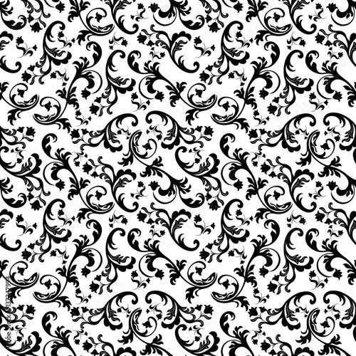 Seamless background baroque style black and white. Vintage Pattern. Retro Victorian ornament. Elements of flowers and leaves. Vector illustration. Use for wallpaper, print packaging paper, textiles.