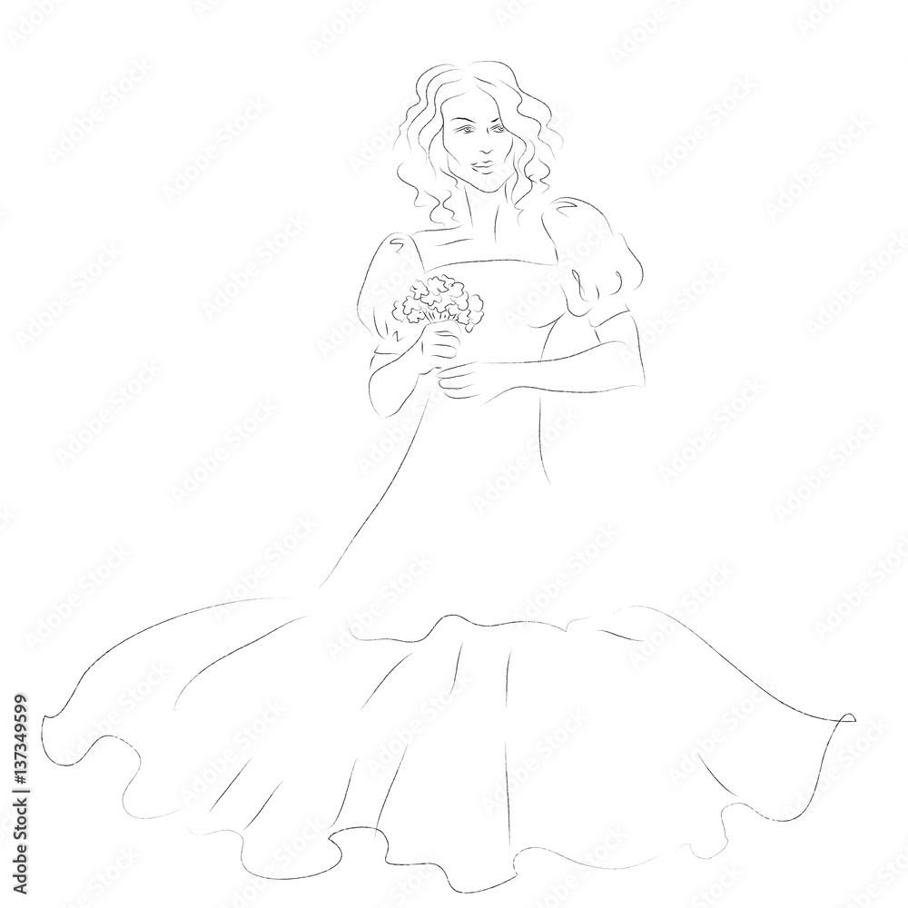 Illustration of a beautiful girl holding a bouquet on white background, vector illustration.