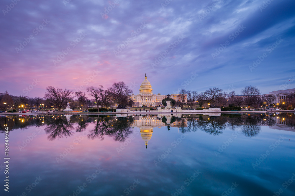 The United States Capitol at sunset, in Washington, DC.