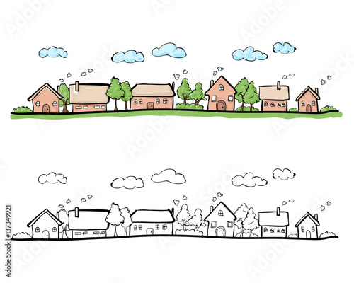Cartoon hand drawing of small town. Vector with color on white background.