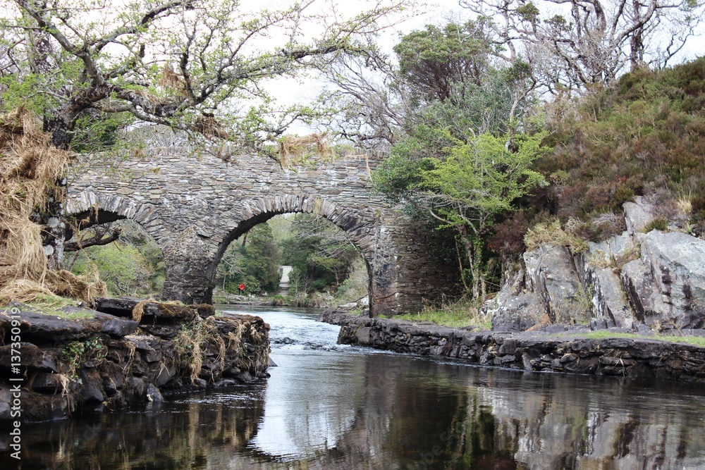 Arch Bridge quiet lake, Ireland, cloudy day, early spring Arch Bridge quiet lake, Ireland, cloudy day, early spring