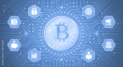 Digital Bitcoin. Golden coin with the Bitcoin symbol in 'electronic' cyberspace. Graphic template on the subject of 'Crypto-Currencies'.
