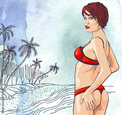 Beauty woman on ocean palm trees beach, hand drawn. Watercolor paper background. Vector image
