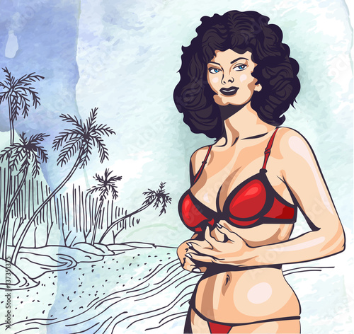 Beauty woman on ocean palm trees beach, hand drawn. Watercolor paper background. Vector image