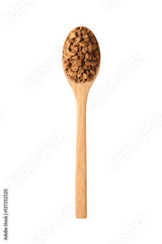 instant coffee on wooden spoon isolated on white background 
