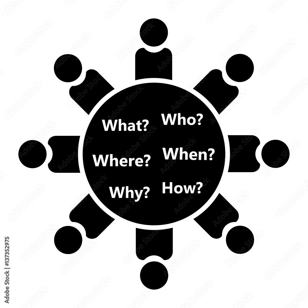 Conference icon. People sit at the round table. To answer questions