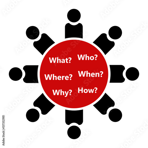 Conference icon. People sit at the round table. To answer questions.