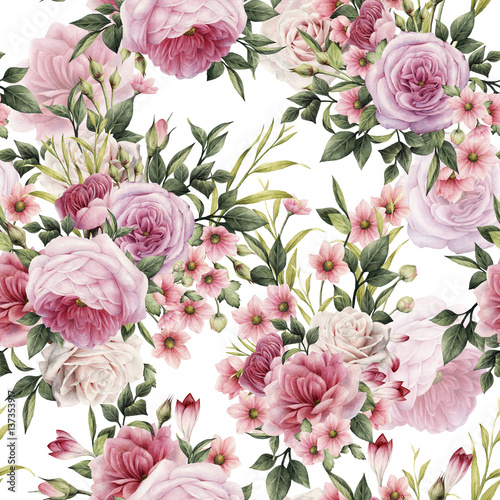 Seamless floral pattern with roses, watercolor.