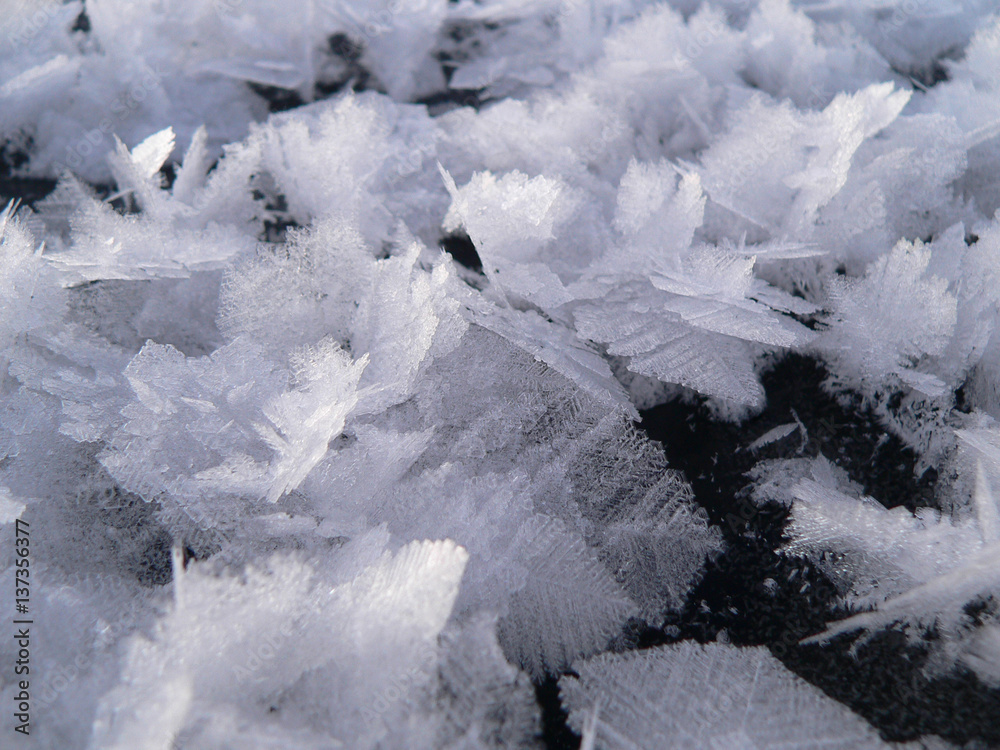 Ice crystals on the surface of a frozen lake in winter