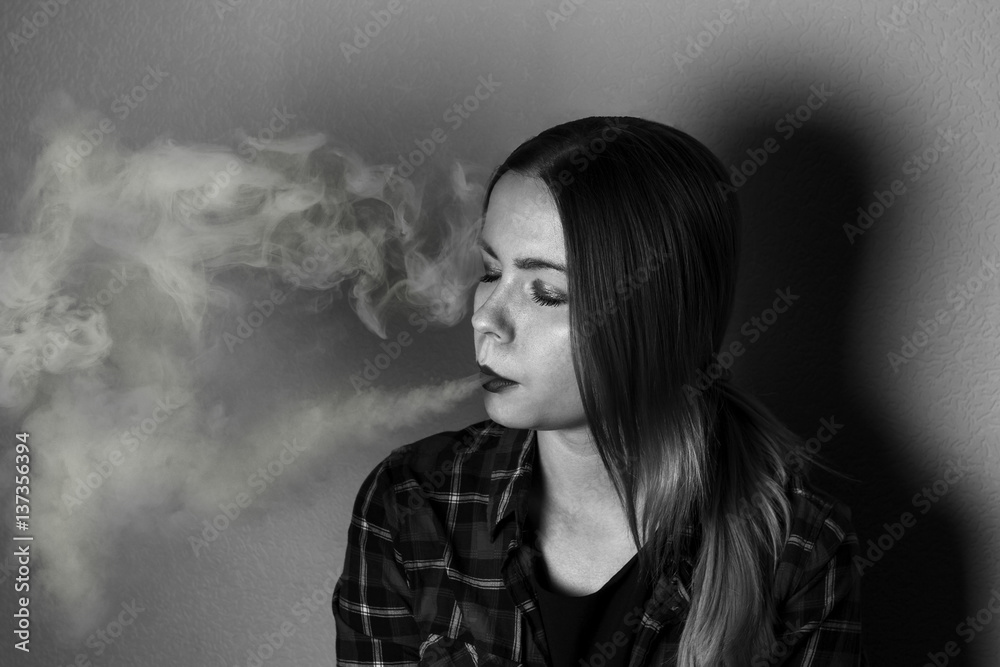 vape (e-cigarette, electronic cigarette) girl in Black and White