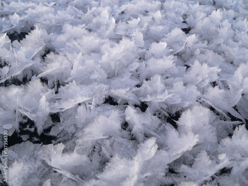 Ice crystals on the surface of a frozen lake in winter