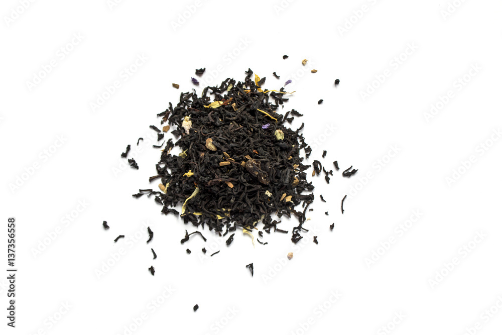 Dry tea leaves on a white background Dry tea leaves on a white background