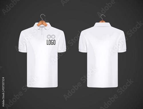 Men's slim-fitting short sleeve polo shirt with logo for advertising. White polo shirt with wooden hanger isolated mock-up design template for branding.