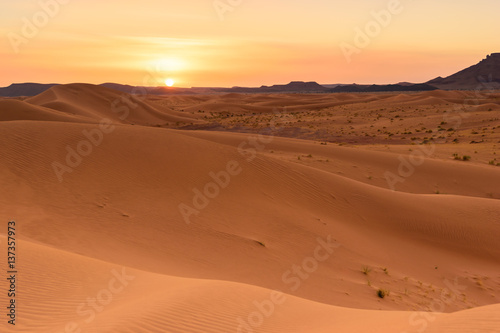 Ouzina sahara desert dunes sunset, Morocco 
