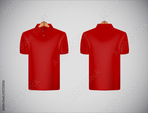 Men's slim-fitting short sleeve polo shirt. Red polo shirt with wooden hanger isolated mock-up design template for branding.