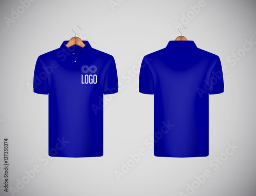 Men's slim-fitting short sleeve polo shirt with logo for advertising. Blue polo shirt with wooden hanger isolated mock-up design template for branding.