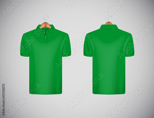 Men's slim-fitting short sleeve polo shirt. Green polo shirt with wooden hanger isolated mock-up design template for branding.