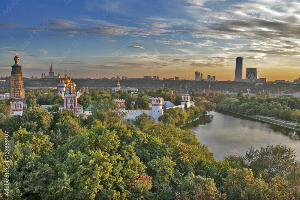 View of the Novodevichy Convent and the pond, landmark, Moscow