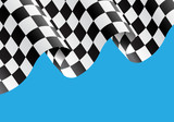 Checkered flag flying on blue design for race background vector illustration.