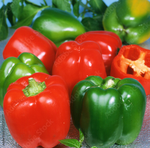 Fresh sweet red and green bell peppers
